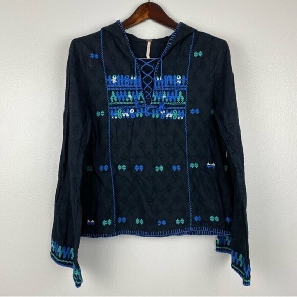 Free People Playa Del Rey Embroidered Crop Bell Sleeves Hoodie Black Size S - Picture 1 of 9
